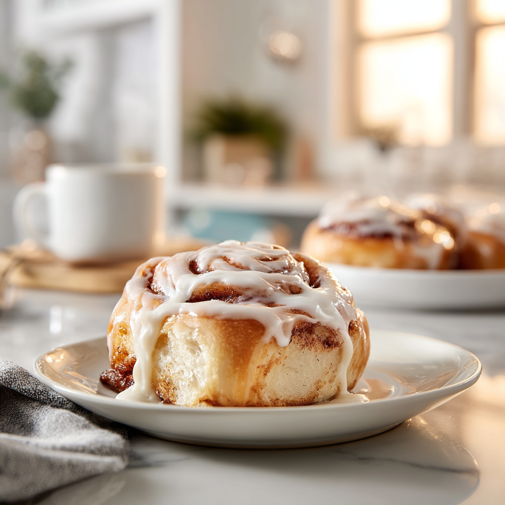 A frosted cinnamon roll on a white plate