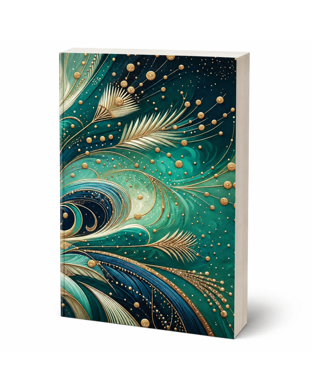 Jazz Age art deco journal with a teal and gold peacock feather cover