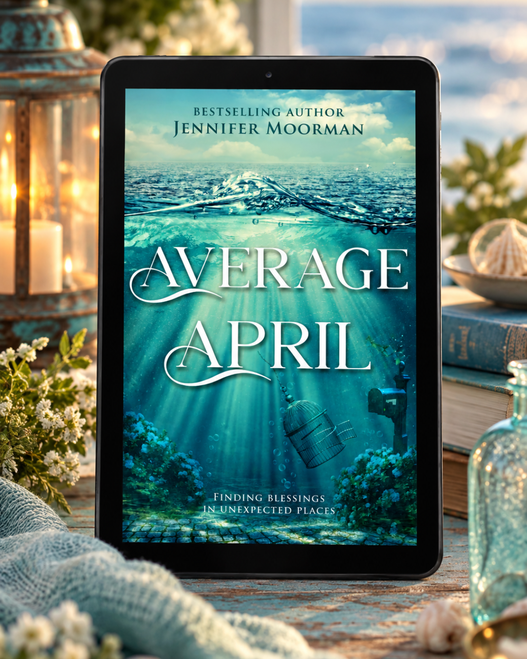Average April by Jennifer Moorman on a tablet by a seaside window
