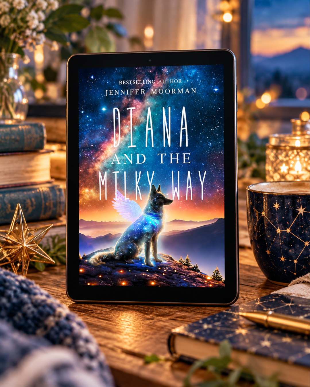 Diana and the Milky Way by Jennifer Moorman on a tablet beside a starry mug