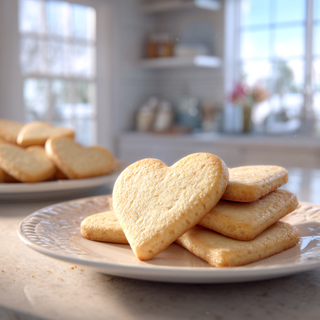 Heart-shaped shortbread cookies on a white plate
