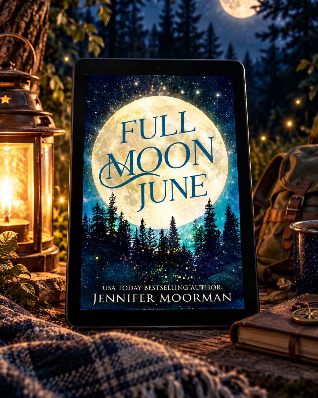 Full Moon June by Jennifer Moorman on a tablet under the moon beside a lantern