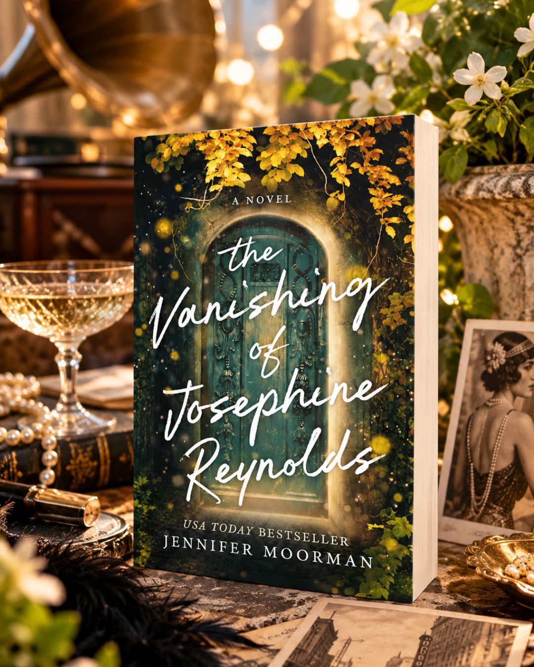 The Vanishing of Josephine Reynolds by Jennifer Moorman among vintage photographs and glassware