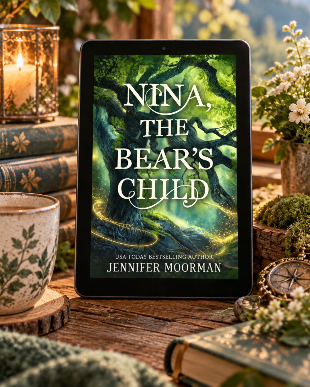 Nina, the Bear's Child by Jennifer Moorman on a tablet beside a cup of tea