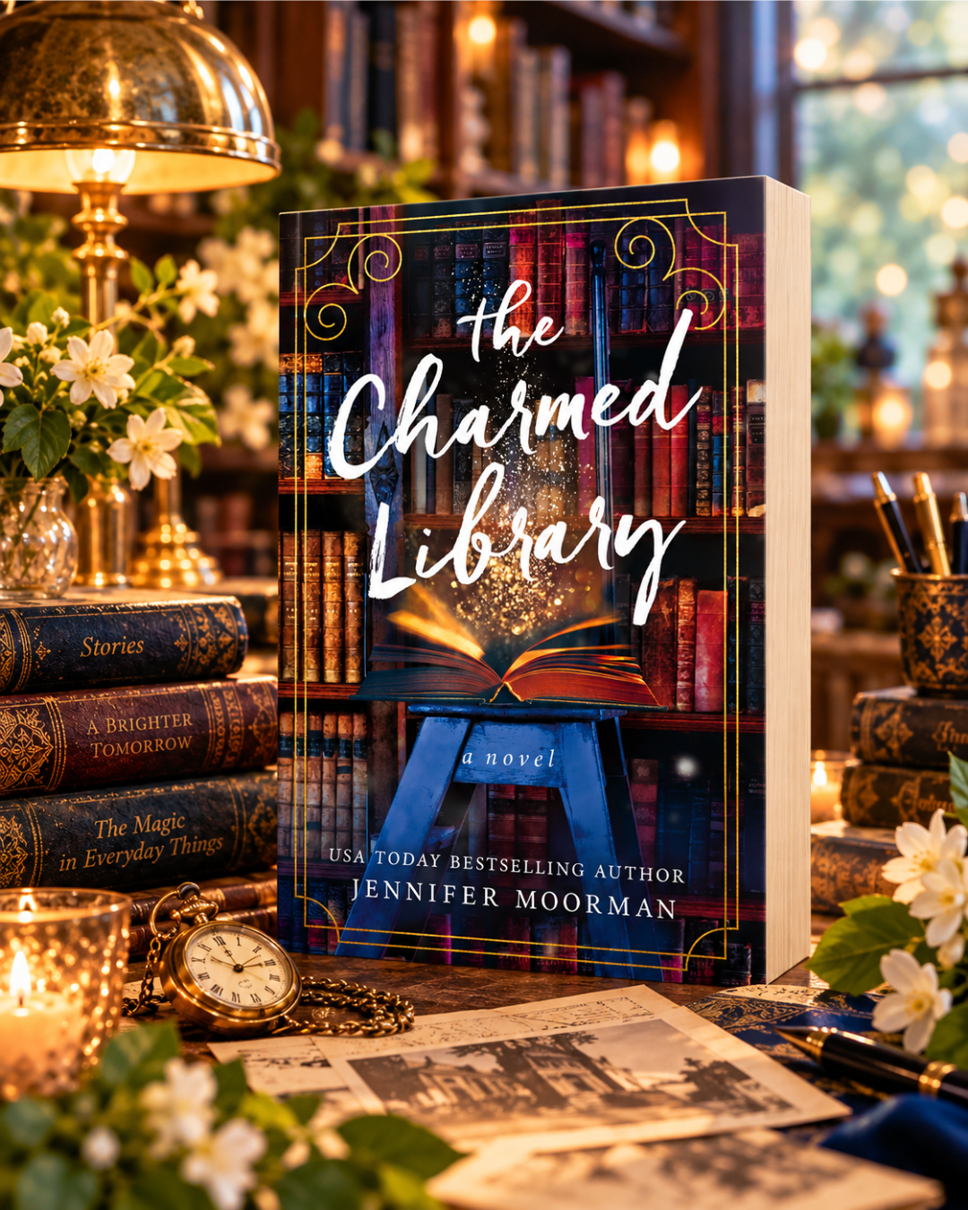 The Charmed Library by Jennifer Moorman on a desk among old books and candlelight