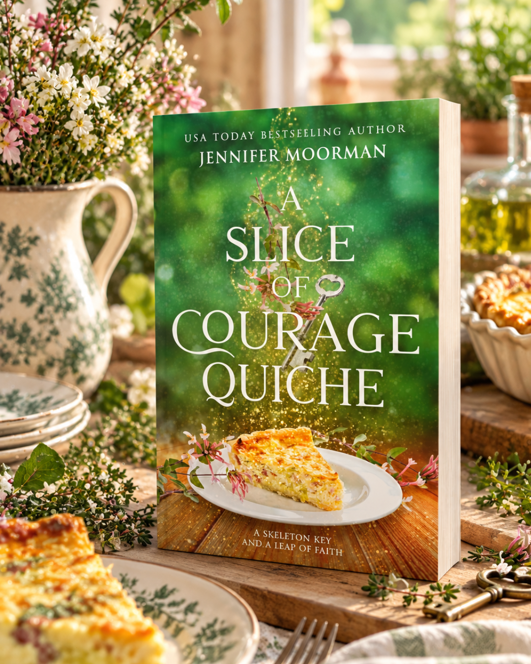 A Slice of Courage Quiche by Jennifer Moorman, paperback styled with a slice of quiche and garden flowers