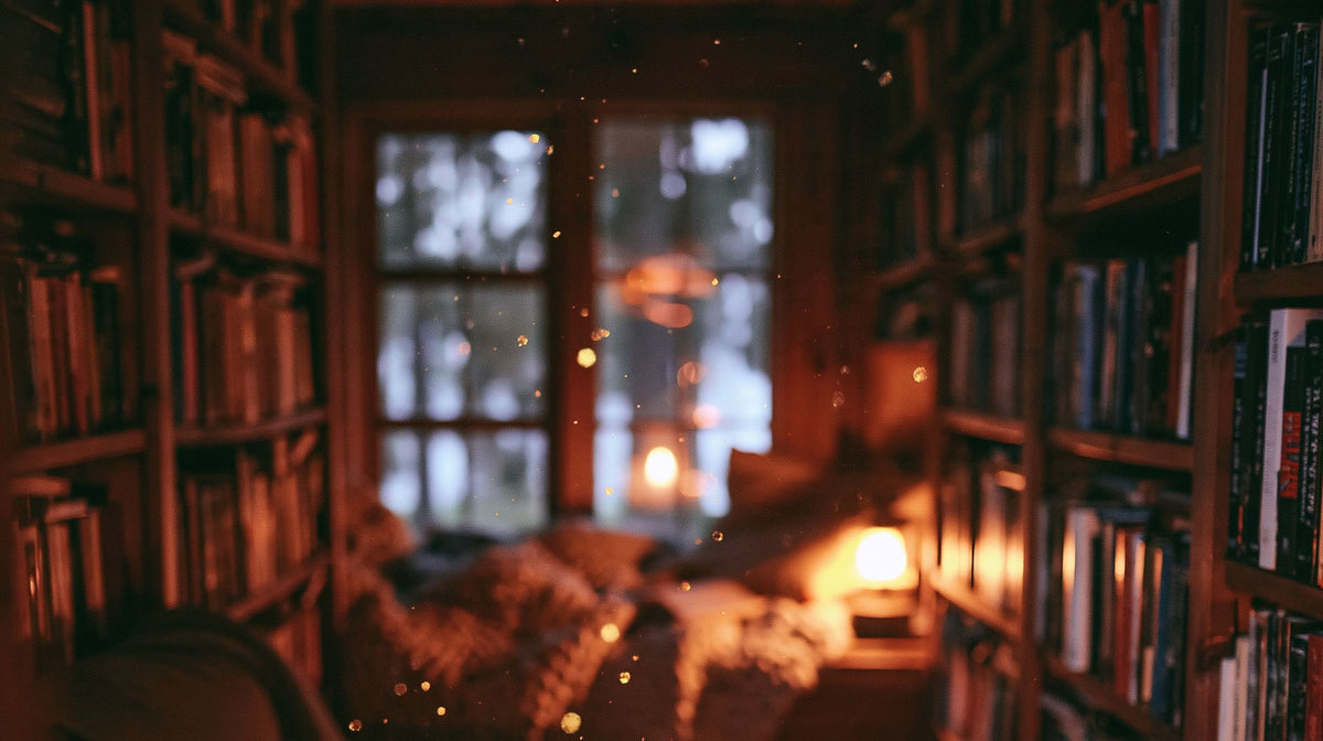 Cozy reading nook with tall bookshelves on both sides, a window seat with soft blankets and warm lamplight