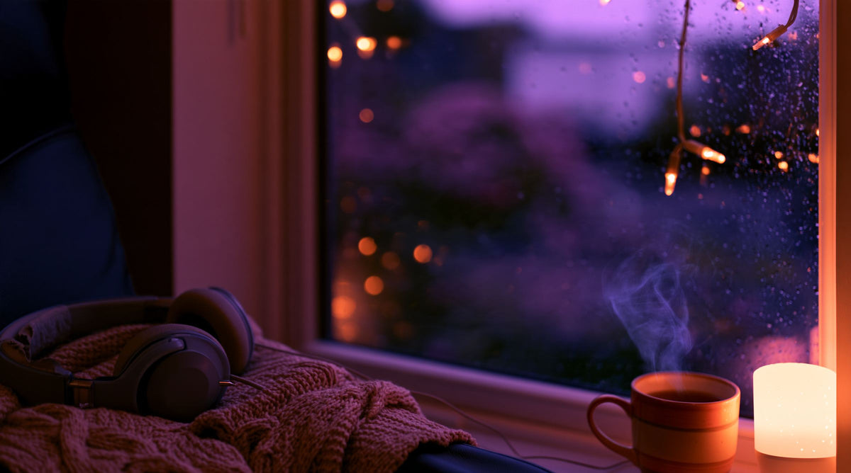 Headphones on a knitted blanket and a steaming mug of tea by a window at dusk, with string lights and a candle