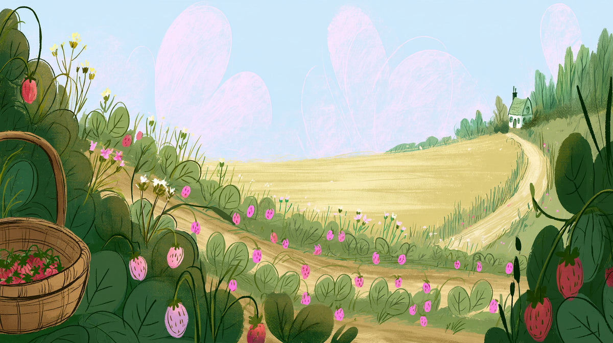Illustrated strawberry patch with a basket of berries and a winding path to a little cottage on a hill