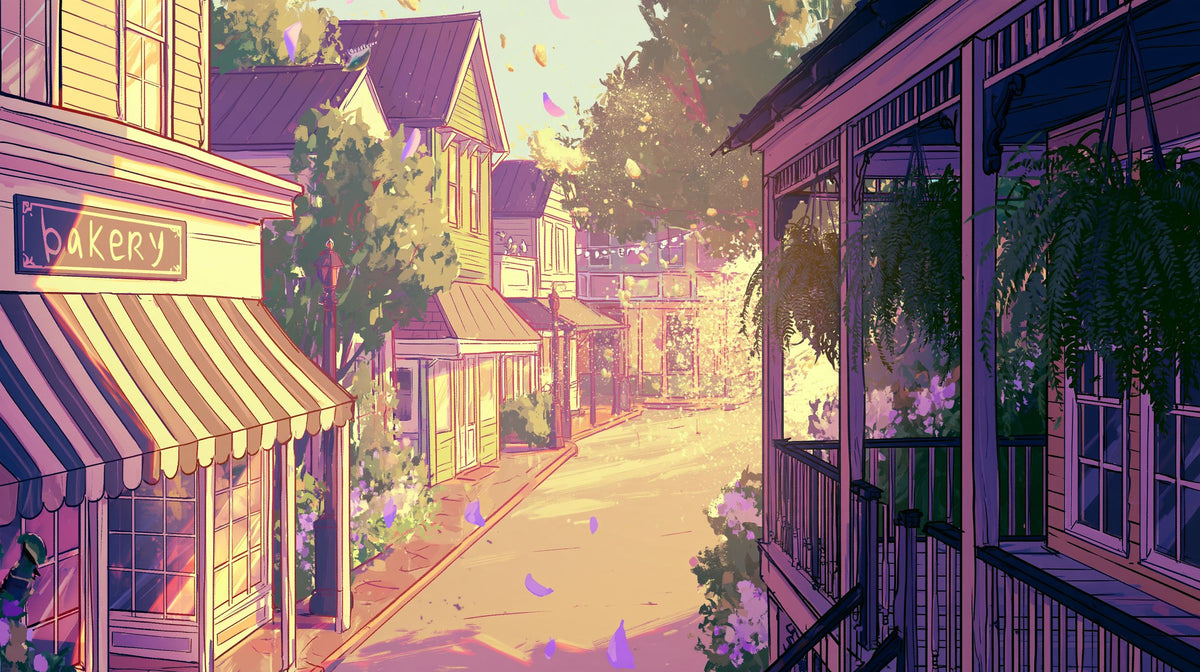 Illustrated small-town street at golden hour with a bakery under a striped awning and porches hung with ferns