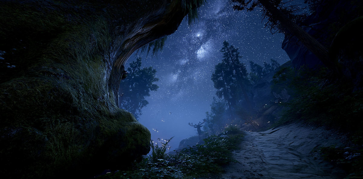 Ancient mossy tree and a forest path under a starry night sky, with fireflies and a stag in the mist