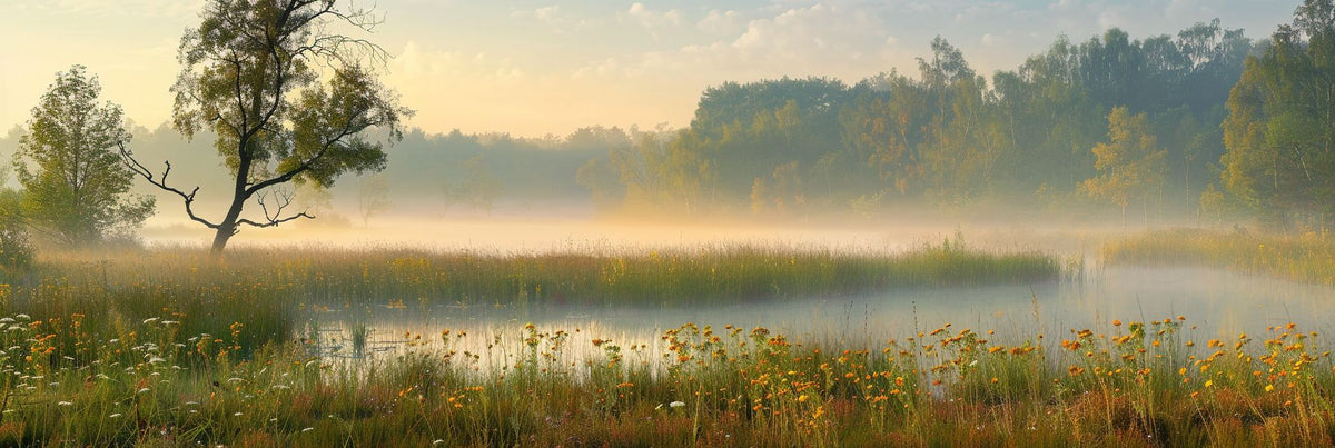 Misty meadow of wildflowers beside a still pond at sunrise, with an old tree on the left