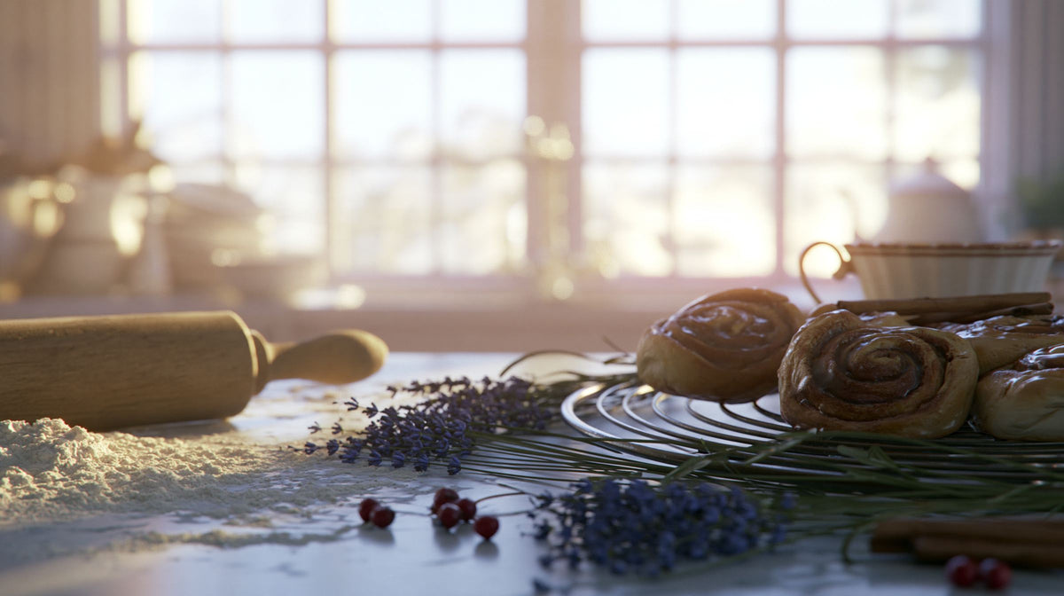 Farmhouse kitchen counter with a rolling pin, flour, lavender and cinnamon rolls in morning window light