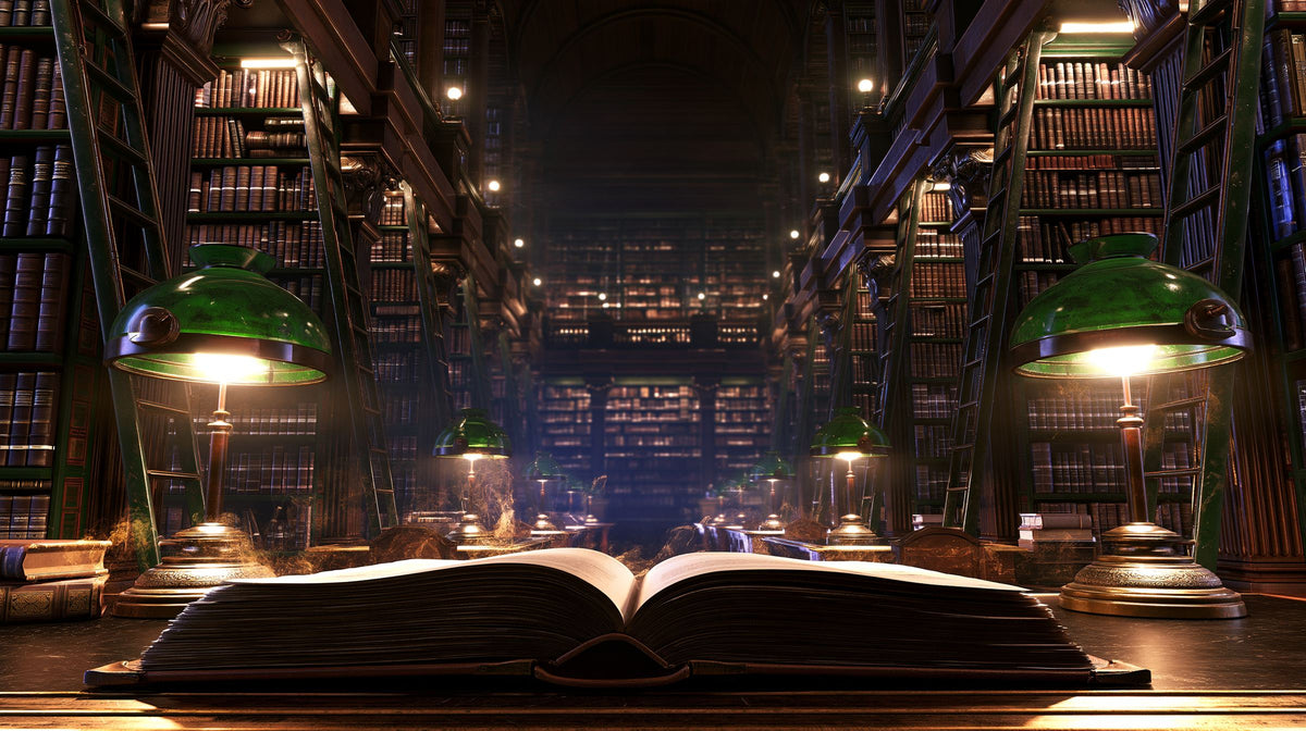 Grand old library at night with green glass reading lamps and an open book on a wooden table