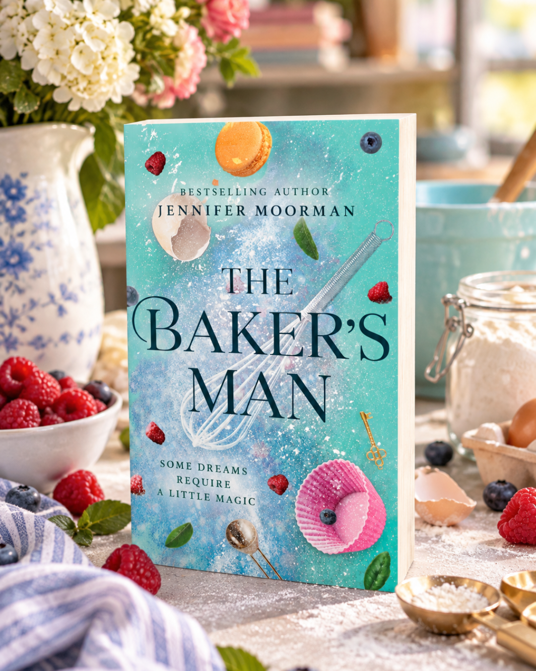 The Baker's Man by Jennifer Moorman, paperback styled with berries, flowers and baking tools