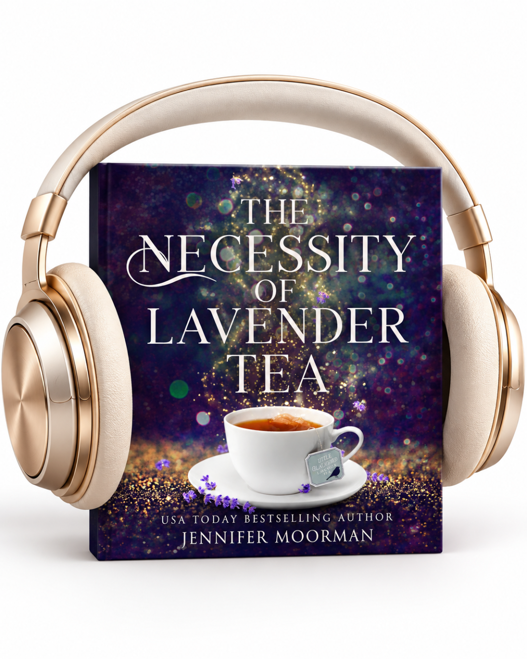 The Necessity of Lavender Tea by Jennifer Moorman, audiobook shown with headphones