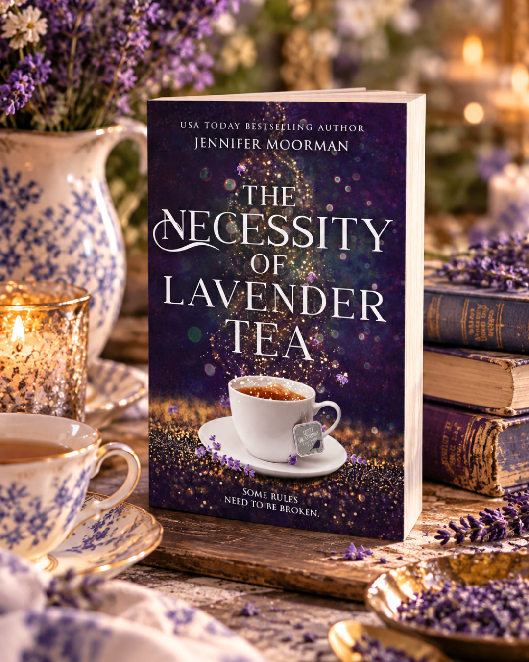 The Necessity of Lavender Tea by Jennifer Moorman, paperback styled with tea, old books and dried lavender