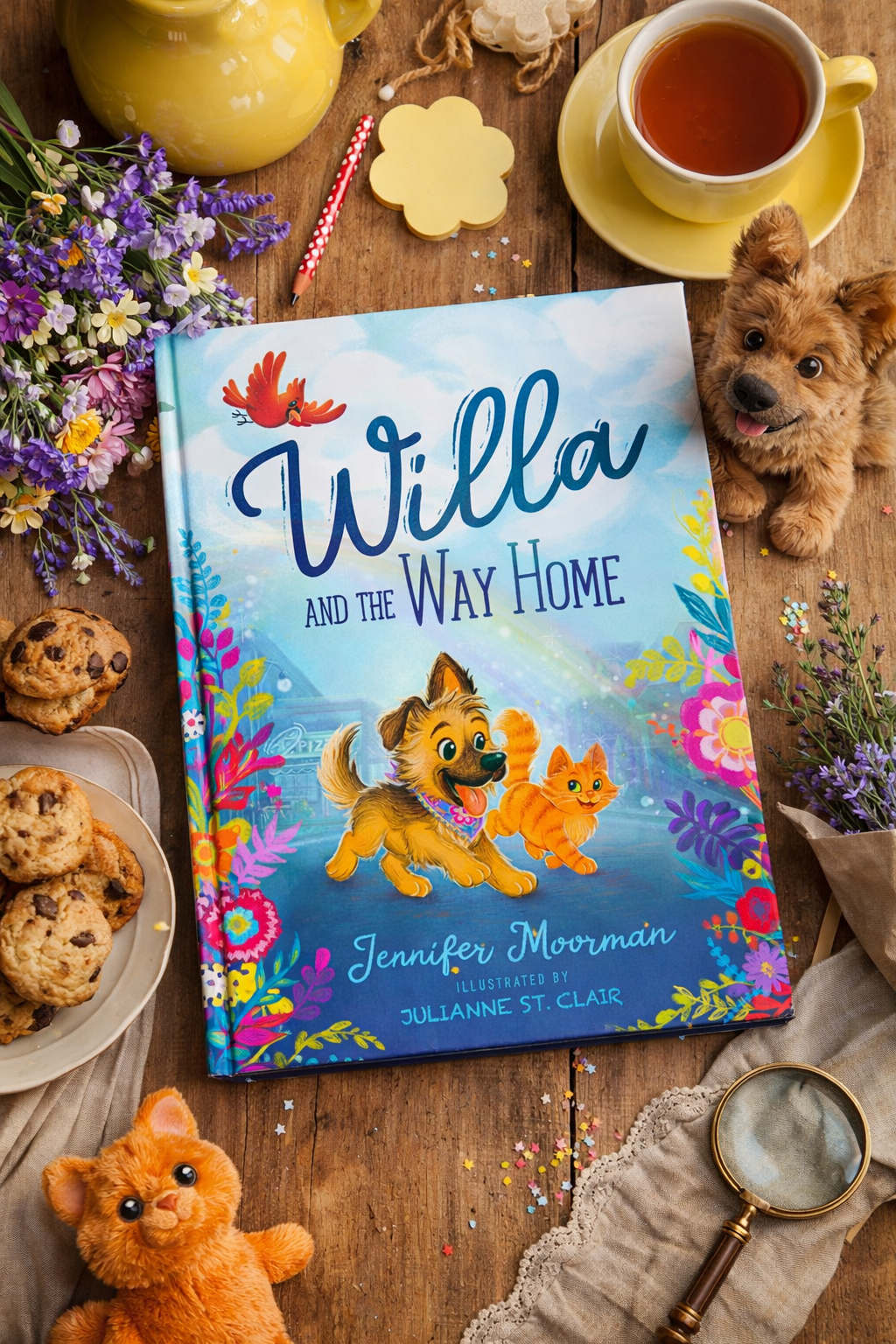 Willa and the Way Home by Jennifer Moorman, hardcover picture book with cookies, tea and plush toys